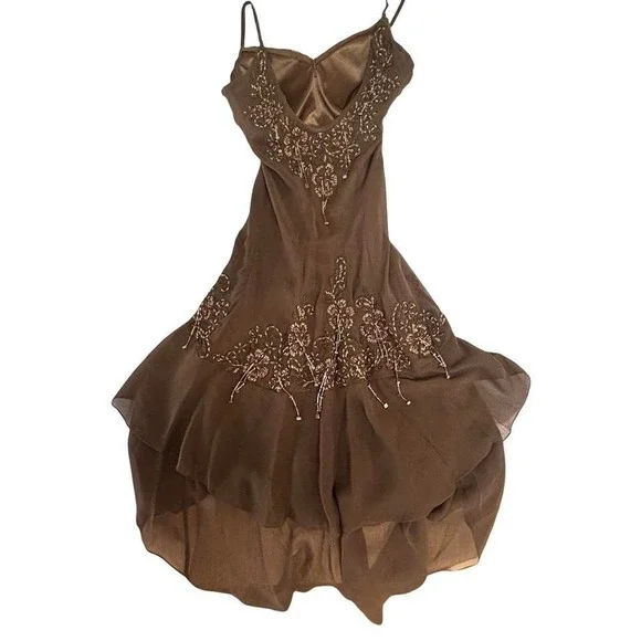 y2k vintage insane Sue Wong brown/olive mossy green brown beaded silk dress 2 - Picture 5 of 7